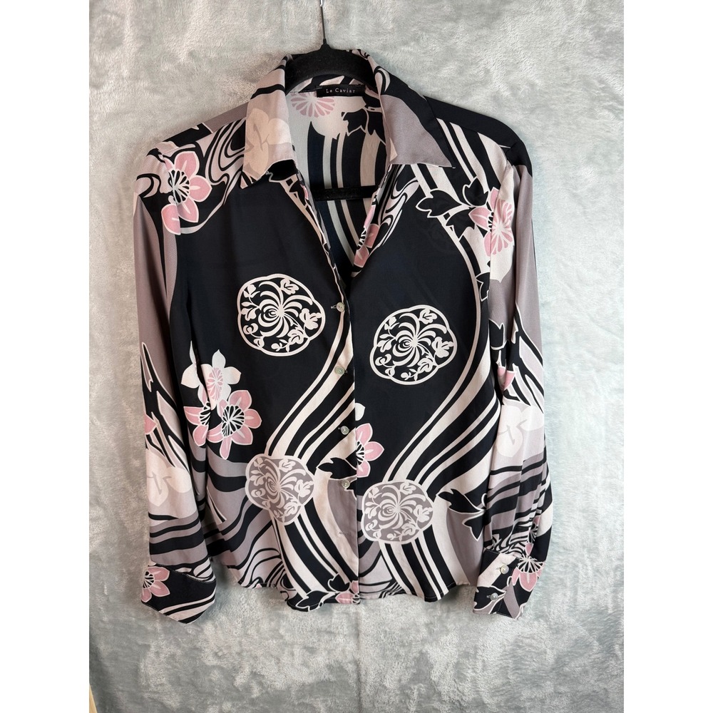 LE CAVIAR Blouse Womens Black Pink Floral Geometric Button LARGE Long Sleeve
